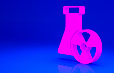 Pink Laboratory chemical beaker with toxic liquid icon isolated on blue background. Biohazard symbol. Dangerous symbol with radiation icon. Minimalism concept. 3d illustration 3D render