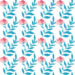 Seamless pattern with cute pink flat flowers and leaves. Hand drawn vector illustration on white background. Texture for print, fabric, textile, wallpaper.