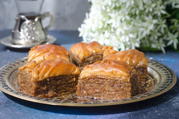 Turkish baklava with pistachios, star anise and lemon