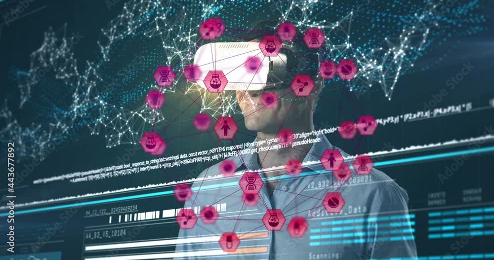Poster animation of network of connections with icons over man wearing vr headset and data processing