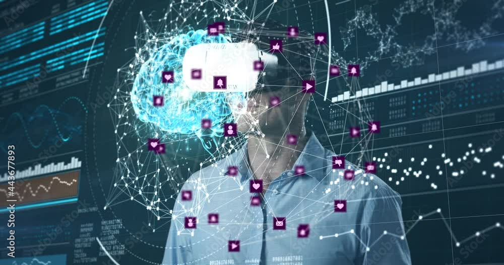 Poster animation of network of connections with icons over man wearing vr headset and data processing