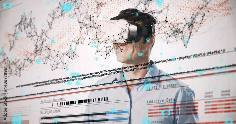 Poster animation of network of connections with icons over man wearing vr headset and data processing