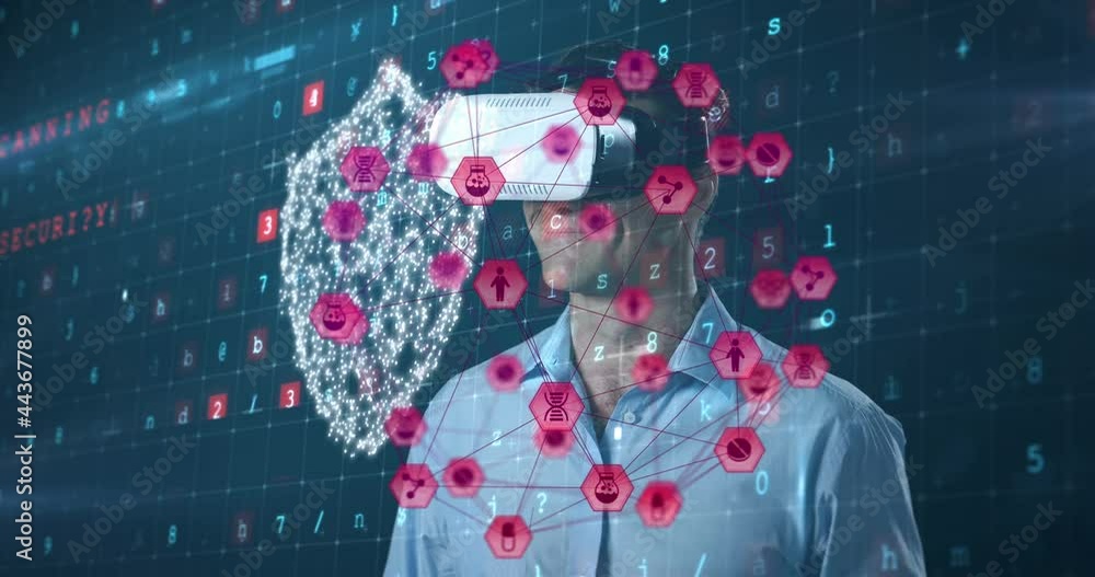 Poster animation of network of connections with icons over man wearing vr headset and data processing