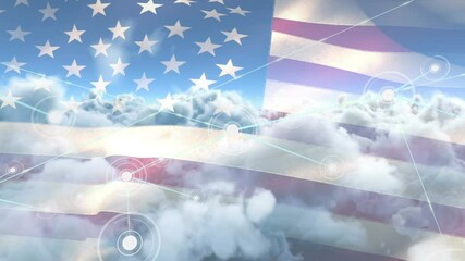 Animation of networks of connections with icons over american flag and sky - Powered by Adobe