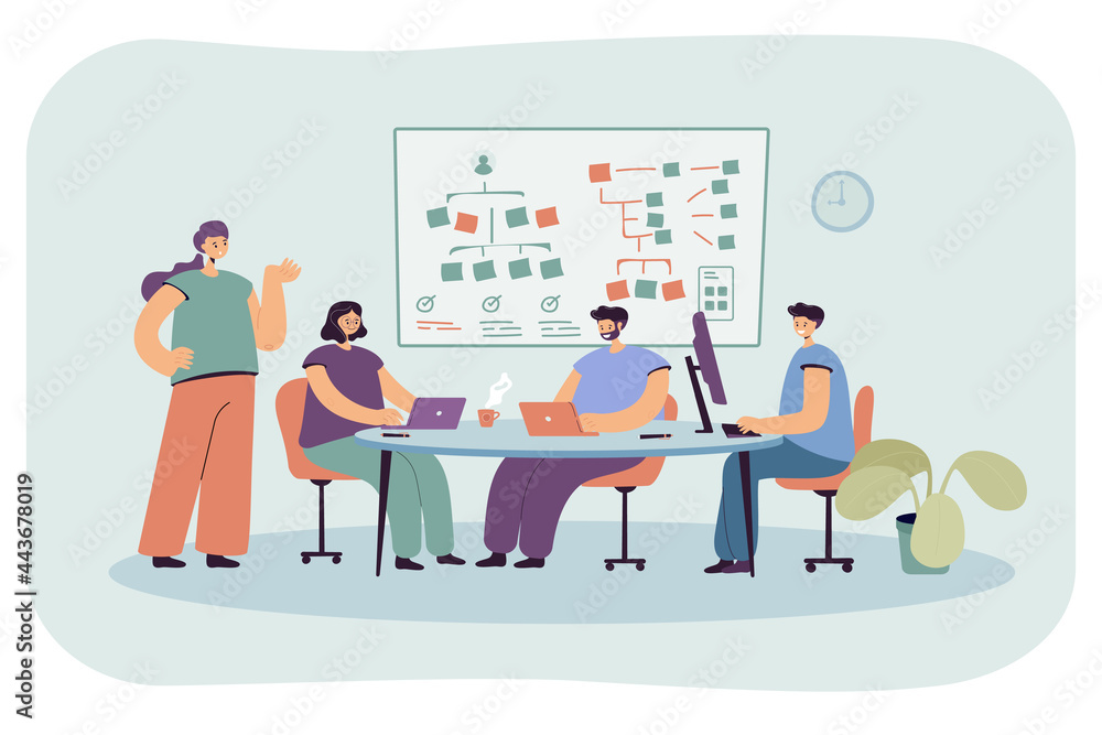Poster team of programmers working on software. flat vector illustration. young people listening to lesson,