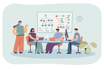 Team of programmers working on software. Flat vector illustration. Young people listening to lesson, creating app in front of monitors, in office workplace. Business, lecture, development, SMM concept
