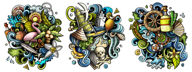 Bahamas cartoon vector doodle designs set.