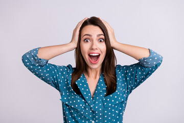 Portrait of attractive lucky cheerful amazed girl wearing formal shirt great news reaction sale...