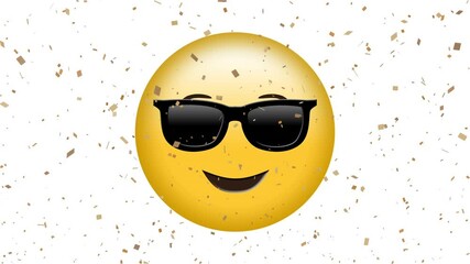 Animation of sunglasses emoji icon on white background with falling white confetti - Powered by Adobe