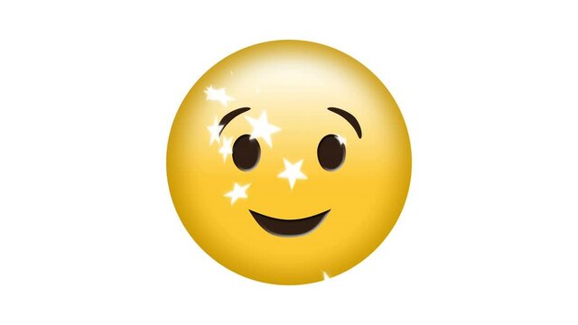 Animation of smile emoji icon on white background with falling white stars
