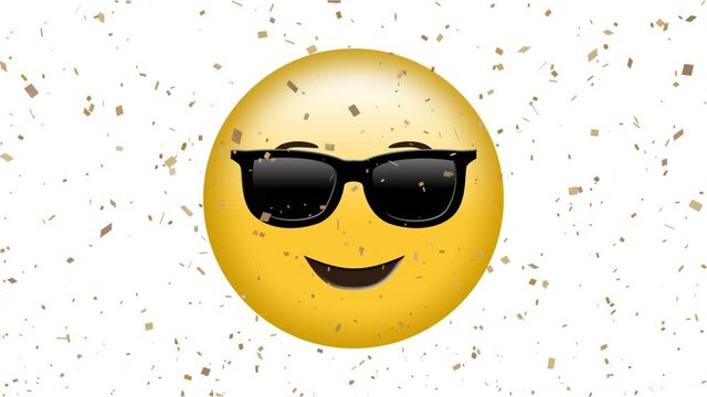 Animation of sunglasses emoji icon on white background with falling white confetti