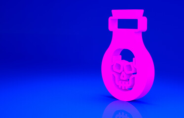 Pink Poison in bottle icon isolated on blue background. Bottle of poison or poisonous chemical toxin. Minimalism concept. 3d illustration 3D render