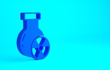 Blue Laboratory chemical beaker with toxic liquid icon isolated on blue background. Biohazard symbol. Dangerous symbol with radiation icon. Minimalism concept. 3d illustration 3D render