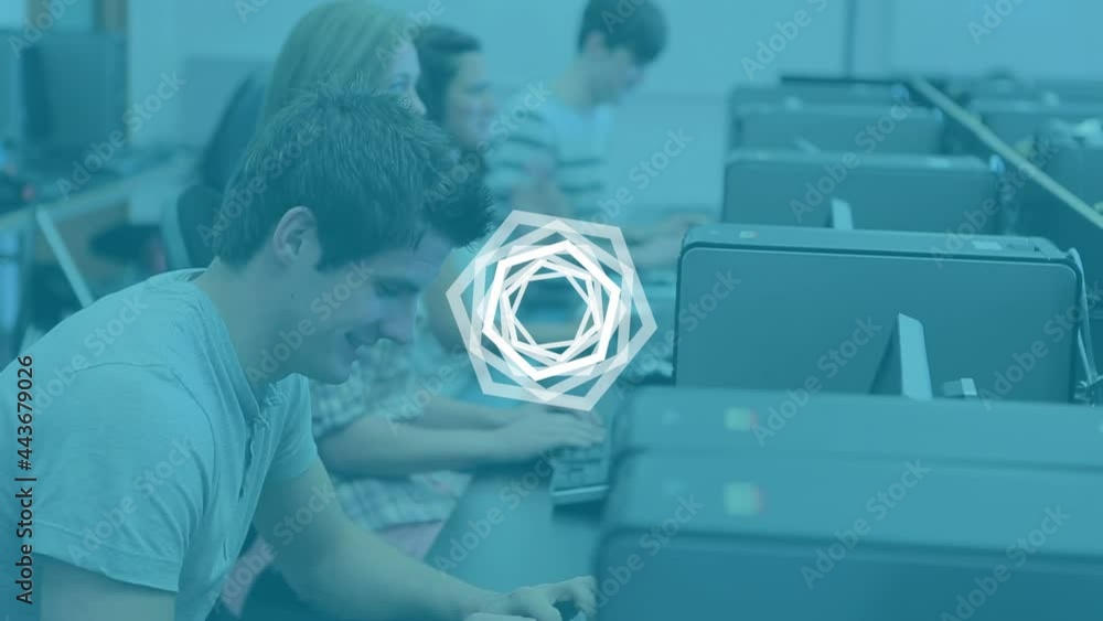 Poster animation of scopes scanning over students using computer