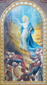 VIENNA, AUSTIRA - JUNI 24, 2021: The painting of Assumption of Virgin Mary in the church Kalvarienbergkirche by Hans Alexander Brunner (1962).