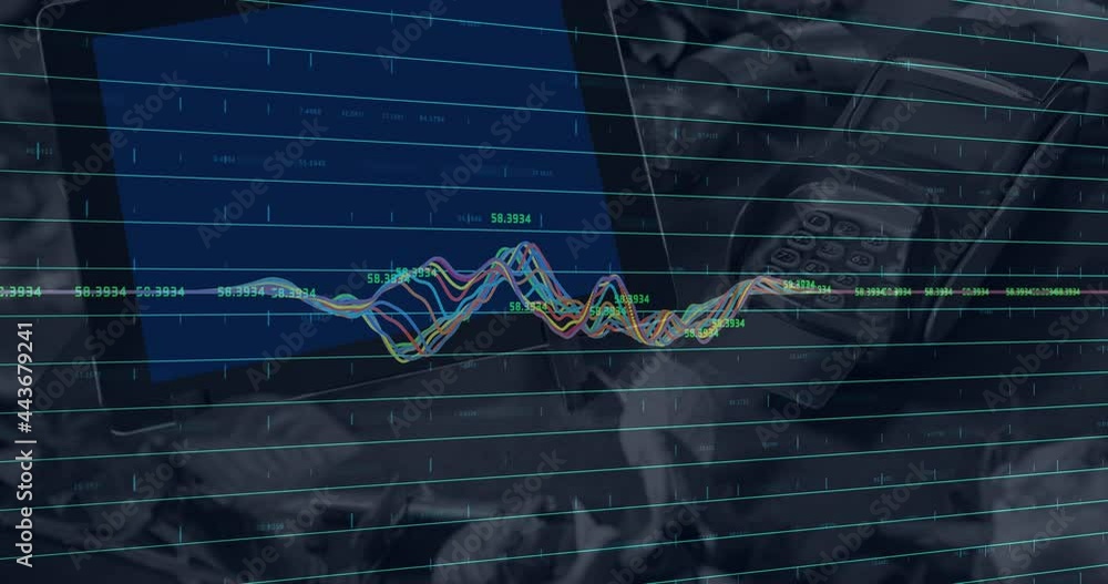 Poster animation of data processing over monitor and payment terminal