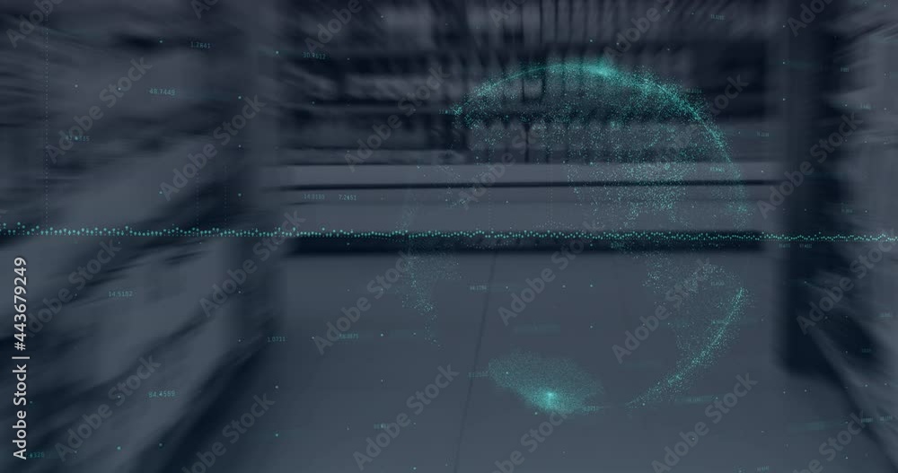 Poster animation of globe and data processing over empty premises interiors