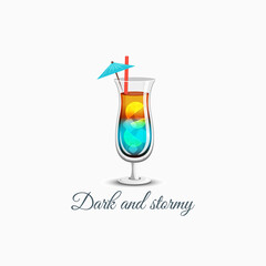dark and stormy glass cocktail in an elegant cup isolated on white background. continuous line drawing doodle minimalist design