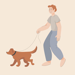 Isolated vector image of a dog with an owner. Love and care for your pet. Playing with the dog. Healthy dog. Light background. Hand drawing in flat style with line. 