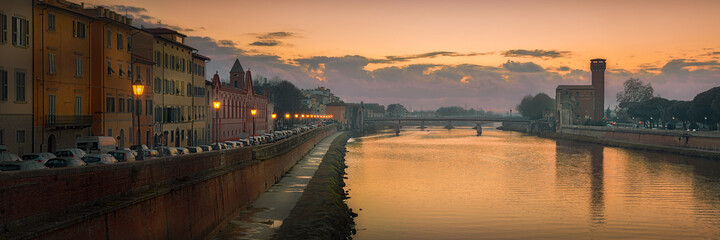 Arno river sunset landscape in Pisa