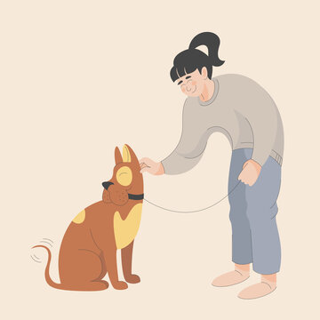 Isolated vector image of a dog with an owner. Love and care for your pet. Playing with the dog. Healthy dog. Light background. Hand drawing in flat style with line. 