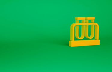 Orange Test tube and flask chemical laboratory test icon isolated on green background. Laboratory glassware sign. Minimalism concept. 3d illustration 3D render