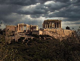 Fototapeta premium Athens Greece, picturesque view of Parthenon on Acropolis under dramatic sky