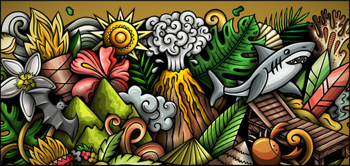 Hawaii hand drawn doodle banner. Cartoon vector detailed flyer.