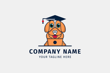 Dog logo wearing college hat playing laptop