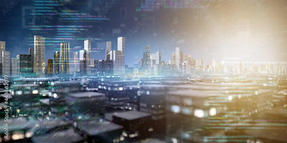 Poster smart city with network and communication connection - 3d rendering