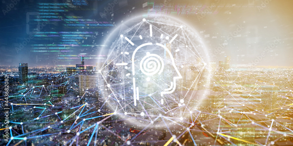 Poster Smart city with an artificial intelligence network and communication connection - 3d rendering