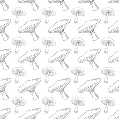 Black outline mushrooms seamless pattern on white background. Hand drawing food vector illustration.
