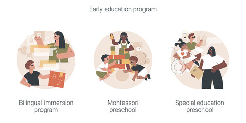 Early education program abstract concept vector illustration set. Bilingual immersion program, Montessori preschool, special education preschool, child development, disability abstract metaphor.