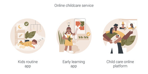 Online childcare service abstract concept vector illustration set. Kids routine app, early learning app, child care search platform, activity tracking, studying software, babysitter abstract metaphor.