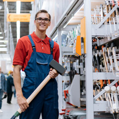 smiling hardware store clerk with a large sledgehammer standing in the sales floor.