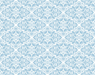 Floral pattern. Vintage wallpaper in the Baroque style. Seamless vector background. White and blue ornament for fabric, wallpaper, packaging. Ornate Damask flower ornament