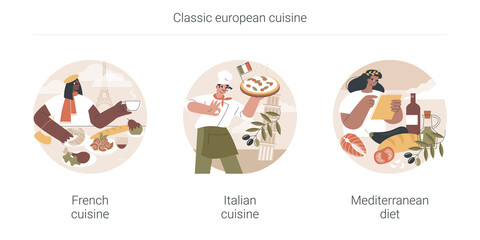 Classic european cuisine abstract concept vector illustration set. French and Italian cuisine, Mediterranean diet, fine dining restaurant, spaghetti recipe, healthy diet, gourmet abstract metaphor.