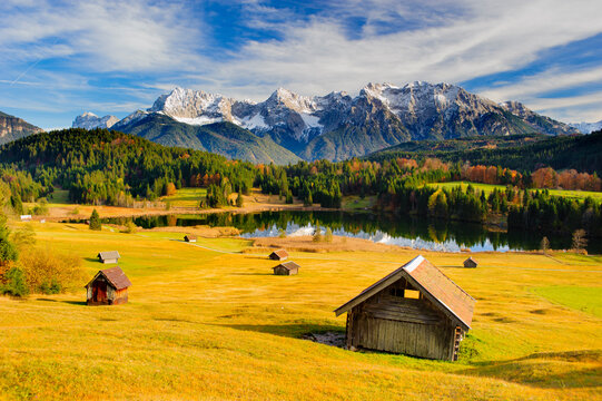 panoramic landscape in Bavaria with mountain range in autumn