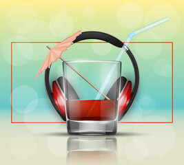 Glass cold drink alcohol & straw headphones. Bright soda & umbrella, headphone. Glass lemonade fruit juice umbrella. Cold iced tea headphone. Bar with glass cocktail fizzy water drink straw earphones