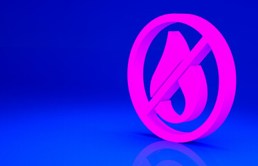 Pink No fire icon isolated on blue background. Fire prohibition and forbidden. Minimalism concept. 3d illustration 3D render