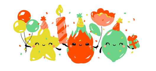 Kawaii characters of star fruit, dragon fruit and lime celebrating birthday party. Happy fruits with cute gifts. Vector illustration for greeting card or poster