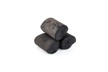 Natural wood charcoal isolated on white background. Pile of coal isolated on white background.