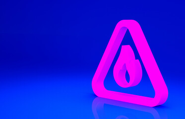 Pink Fire flame in triangle icon isolated on blue background. Warning sign of flammable product. Minimalism concept. 3d illustration 3D render