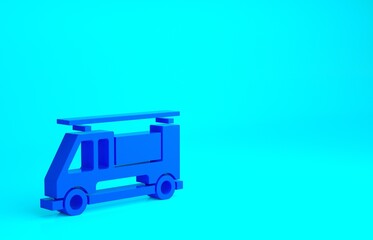 Blue Fire truck icon isolated on blue background. Fire engine. Firefighters emergency vehicle. Minimalism concept. 3d illustration 3D render