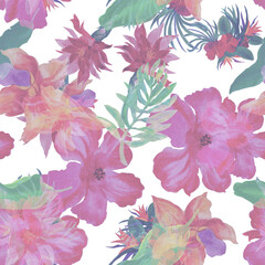 Colorful Watercolor Jungle. Red Hibiscus Foliage. Pink Flower Leaves. Yellow Isolated Wallpaper. Blue Seamless Leaf. Green Pattern Decor. Tropical Background.