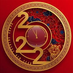 Chinese new year 2022 year of the tiger red and gold flower and asian elements paper cut with craft style on background.( translation : chinese new year 2022, year of tiger )