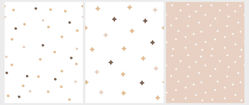 Fototapeta Abstract Geometric Seamless Vector Patterns with White, Pink and Brown Irregular Brush Dots and Stars on a White and Beige Backgrounds. Simple Irregular Abstract Minimalist Print. Dotted Backdrop.