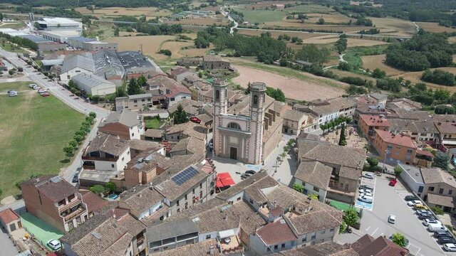 Drone flying over small village, Olost, Catalonia, Spain