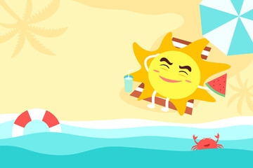 Obraz na płótnie Canvas Summer holiday illustration. Cute sun cartoon is sunbathing on the beach.