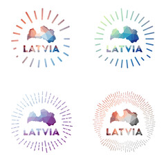 Latvia low poly sunburst set. Logo of country in geometric polygonal style. Vector illustration.